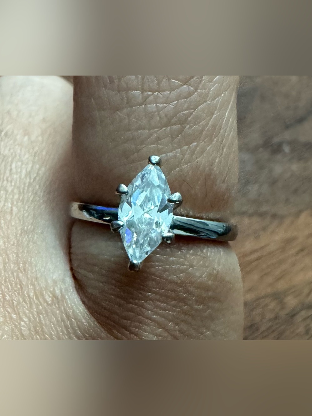 Vintage Nevada Jewelry Silver Mines Silvertoned CZ Marquis Solitaire Ring